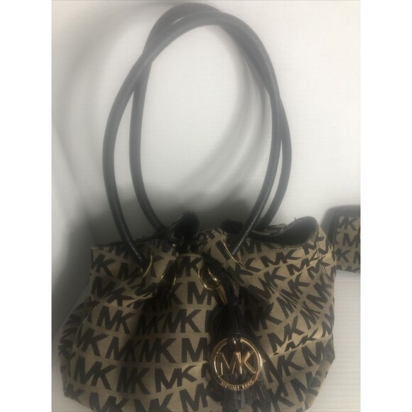 Michael Kors Jet Set Lg Gathered Tote Bag Purse Signature Brwn/black with Wallet - Picture 6 of 9